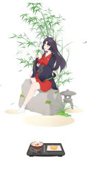 Rule 34 | 1girl, absurdres, alternate costume, animal ears, arknights, black hair, bowl, closed eyes, clothing cutout, dog ears, dog girl, dog tail, facial mark, forehead mark, full body, highres, japanese clothes, kimono, long hair, long sleeves, open clothes, open mouth, parted bangs, plate, red kimono, rice, rice bowl, rock, saga (arknights), sand, sitting, slu w, socks, stone lantern, tabi, tail, tail through clothes, very long hair, white socks, wide sleeves