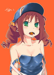 Rule 34 | bad id, bad pixiv id, bare shoulders, brown hair, candy, food, green eyes, hat, idolmaster, idolmaster (classic), lollipop, mouth hold, overalls, pilotis, solo, strap slip, takatsuki yayoi, trucker hat, twintails