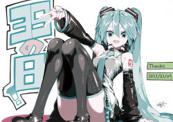 Rule 34 | 1girl, black footwear, black skirt, black thighhighs, blue eyes, blue nails, blue necktie, breasts, collared shirt, dated, detached sleeves, grey shirt, hair between eyes, hatsune miku, headset, long hair, looking at viewer, medium breasts, miku day, miniskirt, necktie, shirt, shoes, signature, sitting, skirt, sleeveless, sleeveless shirt, smile, solo, suzukou, thighhighs, twintails, v, very long hair, vocaloid, white background