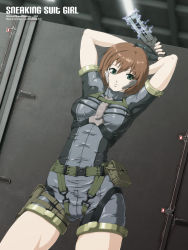 Rule 34 | 1girl, arms up, baton (weapon), bodysuit, breasts, brown hair, electric shock prod, electro shock prod, electroshock weapon, green eyes, highres, less-than-lethal weapon, medium breasts, metal gear (series), metal gear solid: peace walker, nandz, nelo (fox), pouch, short hair, solo, stun baton, stun gun, weapon