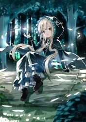 Rule 34 | 1girl, arm support, black capelet, black dress, black footwear, blonde hair, blurry, blurry background, bokeh, boots, bracelet, cape, capelet, commentary, day, depth of field, dress, forest, greatpengh, highres, hood, hood up, hooded cape, jewelry, light particles, log, long hair, long sleeves, looking at viewer, low twintails, nature, necklace, open mouth, original, outdoors, sitting, smile, solo, sparkle, symbol-only commentary, twintails, very long hair, yellow eyes