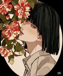 Rule 34 | 1boy, absurdres, black border, black eyes, black hair, blunt bangs, blunt ends, bob cut, border, branch, collared shirt, flower, from side, hair behind ear, head tilt, highres, kagoya1219, looking at viewer, looking to the side, male focus, original, outside border, parted lips, plant, portrait, red flower, shirt, signature, solo, straight hair, white background, white shirt