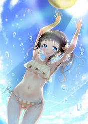 Rule 34 | 1girl, :d, absurdres, armpits, arms up, ball, bare arms, bare shoulders, beachball, bikini, black hair, blue eyes, blue sky, brown flower, cloud, collarbone, commentary request, day, earrings, flower, groin, hair flower, hair ornament, highres, jewelry, long hair, looking at viewer, navel, open mouth, original, outdoors, plaid, plaid bikini, segawa luna, side-tie bikini bottom, side ponytail, sidelocks, sky, smile, solo, swimsuit, water drop, wet