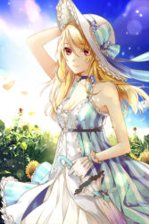 Rule 34 | 1girl, bare shoulders, blonde hair, bow, breasts, choker, cleavage, cocoon (loveririn), dress, flower, gloves, hat, lace, long hair, lowres, medium breasts, petals, pink eyes, ribbon, rosa (sword girls), rose pacifica, solo, striped, sun hat, sunflower, sword girls, umbrella, vertical stripes