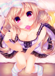 Rule 34 | 1girl, animal ears, blonde hair, blush, breasts, cat ears, cleavage, commentary request, condom, condom in mouth, from above, hair ribbon, heart, heart-shaped pupils, lingerie, looking at viewer, mouth hold, negligee, ooji cha, original, pillow, purple eyes, ribbon, sitting, smile, solo, strap pull, sweat, symbol-shaped pupils, underwear