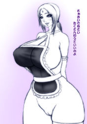 Rule 34 | 1girl, apron, arm garter, arms behind back, blush, breasts, censored, chinbotsu, cleavage, cleft of venus, facial mark, forehead mark, huge breasts, monochrome, naked apron, naruto, naruto (series), pussy, solo, standing, text focus, translation request, tsunade (naruto)