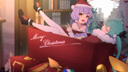Rule 34 | 2girls, aqua hair, bare shoulders, black footwear, blush, bookshelf, boots, box, capelet, christmas, christmas tree, commentary, closed eyes, fur-trimmed capelet, fur-trimmed headwear, fur trim, hair tie, hat, hatsune miku, highres, in box, in container, indoors, legs up, long hair, lying, multiple girls, on back, open mouth, purple hair, red capelet, red headwear, santa hat, sidelocks, surprised, thighhighs, twintails, v, very long hair, vocaloid, white legwear, xingchen, yellow eyes, zhayin-san