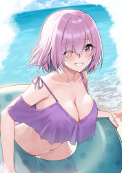 Rule 34 | 1girl, absurdres, alternate costume, arched back, ayul (ayulneri 92), bare shoulders, bikini, breasts, cleavage, collarbone, eyes visible through hair, fate/grand order, fate (series), hair over one eye, highres, horizon, innertube, large breasts, leaning forward, light purple hair, looking at viewer, mash kyrielight, navel, ocean, off-shoulder bikini, off shoulder, one eye closed, polka dot innertube, purple bikini, purple eyes, short hair, smile, solo, standing, swim ring, swimsuit, thighs, water