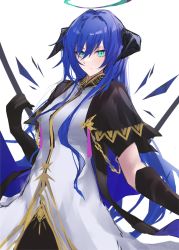 Rule 34 | 1girl, absurdres, arknights, black gloves, blue eyes, blue hair, breasts, closed mouth, commentary request, curled horns, dress, elbow gloves, gloves, hair between eyes, halo, highres, horns, long hair, looking at viewer, medium breasts, mostima (arknights), mostima (spellbreaker) (arknights), official alternate costume, short sleeves, simple background, solo, very long hair, white background, white dress, yuki maccha (yukimattya10)