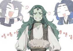 Rule 34 | 2boys, braid, choker, colored skin, diting (the legend of luoxiaohei), closed eyes, gihuta hiroshi, green eyes, green hair, green skin, highres, horns, lanxi zhen, laojun (the legend of luoxiaohei), long hair, looking at viewer, multiple boys, open mouth, pointy ears, shadow, single horn, smile, solo focus, luo xiaohei zhanji, upper body, xuan li (the legend of luoxiaohei)