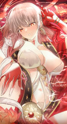 Rule 34 | 1girl, absurdres, armlet, bare shoulders, blush, body markings, bracelet, breasts, cleavage, collarbone, colored skin, dress, durga (fate), earrings, fate/grand order, fate (series), gold trim, gradient skin, grey hair, hair ribbon, highres, indian clothes, jewelry, kaji zarame, large breasts, long hair, looking at viewer, off shoulder, open clothes, pelvic curtain, red dress, red eyes, red skin, revealing clothes, ribbon, sari, sash, snake, thighs, thumb ring, very long hair