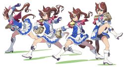 1girl animal_ears baseball baseball_glove blue_eyes boots brown_hair cape collared_shirt commentary_request gloves hair_ribbon highres horse_ears horse_girl horse_tail long_hair long_sleeves multicolored_hair multiple_views neckerchief nishiki_kazue pink_ribbon pleated_skirt ponytail red_cape ribbon shirt skirt standing standing_on_one_leg tail throwing tokai_teio_(umamusume) umamusume white_background white_footwear white_hair