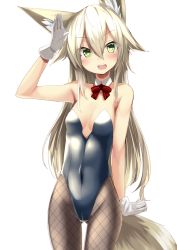 Rule 34 | 1girl, animal ears, bare shoulders, blonde hair, blush, breasts, covered navel, detached collar, fishnet pantyhose, fishnets, fox ears, gloves, green eyes, hair flaps, kokonoe tsubaki, leotard, long hair, looking at viewer, nontraditional playboy bunny, open mouth, original, pantyhose, playboy bunny, salute, simple background, small breasts, smile, solo, tail, white background, white gloves, yoshizawa tsubaki