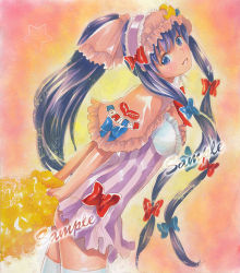 Rule 34 | 1girl, adapted costume, alternate hairstyle, ass, bow, capelet, crescent, hair bow, hat, light smile, long hair, marker (medium), mayo riyo, patchouli knowledge, pom pom (cheerleading), ponytail, purple eyes, purple hair, race queen, sample watermark, sidelocks, smile, solo, thighhighs, touhou, traditional media, very long hair, watermark, white thighhighs