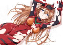 Rule 34 | 1girl, :o, arms up, blue eyes, blush, bodysuit, brown hair, curvy, evangelion: 3.0+1.0 thrice upon a time, from above, gloves, groin, hair down, hand up, highres, long hair, looking at viewer, lying, neon genesis evangelion, on back, parted lips, plugsuit, rebuild of evangelion, red bodysuit, shiny clothes, shiny skin, simple background, sketch, skin tight, solo, souryuu asuka langley, thigh gap, torn bodysuit, torn clothes, very long hair, wide hips, yanagi marie