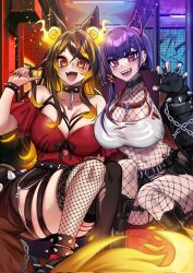 Rule 34 | 2girls, akuma nihmune, akuma nihmune (2nd costume), animal ears, anklet, black bracelet, black collar, black footwear, black jacket, black nails, black skirt, black thighhighs, bodysuit, boots, bra, bracelet, breasts, brown hair, chain, claw pose, cleavage, collar, crop top, cropped shirt, demon girl, demon horns, facial tattoo, fang, fangs, fishnet bodysuit, fishnet thighhighs, fishnets, flame-tipped tail, halterneck, heart, heart print, heart tattoo, highres, horns, indie virtual youtuber, jacket, jewelry, large breasts, long hair, looking at viewer, multiple girls, nail polish, open mouth, orange eyes, osiimi, purple eyes, purple hair, red bra, red collar, red shirt, second-party source, shirt, sinder (vtuber), sinder (vtuber) (1st costume), skin fang, skirt, spiked anklet, spiked bracelet, spiked collar, spikes, tail, tattoo, thighhighs, torn clothes, torn shirt, torn thighhighs, unbuttoned, unbuttoned skirt, underwear, virtual youtuber, white shirt, wolf ears, wolf girl, wolf tail, zipper