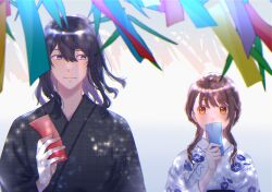 Rule 34 | 1boy, 1girl, black eyes, black hair, black kimono, blueenpty, blurry, blurry foreground, blush, brown eyes, brown hair, closed mouth, commentary request, covering own mouth, dappled sunlight, hair between eyes, highres, holding tanzaku, iwato suzume, japanese clothes, kimono, light particles, long hair, looking at another, looking at viewer, low twintails, medium hair, mole, mole under eye, munakata souta, single sidelock, sunlight, suzume no tojimari, tanzaku, twintails, underwear, unmoving pattern, white kimono, yukata