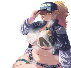 Rule 34 | 1girl, alternate costume, baseball cap, belt, black hat, black jacket, black nails, blonde hair, blonde pubic hair, blush, braid, breasts, cleavage, closed mouth, commentary request, cookie (touhou), covered navel, cowboy shot, crop top, english text, female pubic hair, hair between eyes, hat, high ponytail, highres, huge breasts, jacket, kirisame marisa, long hair, looking at viewer, mars (cookie), nail polish, navel, open clothes, open jacket, otemoto (baaaaloooo), plump, ponytail, pubic hair, shirt, side braid, simple background, single braid, sitting, solo, sweat, thigh belt, thigh strap, touhou, underboob, wet, wet clothes, wet shirt, white background, white shirt, wide hips, wristband, yellow eyes, zipper