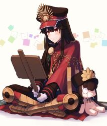 Rule 34 | 1girl, black hat, cape, crest, family crest, fate/grand order, fate (series), gloves, hat, long hair, long sleeves, military, military uniform, oda nobunaga (fate), oda uri, peaked cap, red cape, sign, simple background, sitting, solo, uniform, white gloves, yzrh0