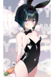 Rule 34 | 1girl, 2023, animal ears, arms behind back, black bow, black bowtie, black hair, black leotard, blush, bob cut, bow, bowtie, breasts, carrot, collar, detached collar, happy new year, highres, holding, holding carrot, kanro ame (ameko), leotard, new year, original, oversized breast cup, playboy bunny, purple eyes, rabbit ears, short hair, small breasts, solo, strapless, strapless leotard, white collar, white wrist cuffs, wrist cuffs