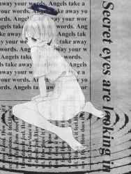 Rule 34 | 1girl, arm between legs, arm support, barefoot, blue halo, daruma karei, english text, feet, from side, full body, greyscale, halo, high-waist skirt, highres, leaning forward, looking at viewer, monochrome, original, pleated skirt, ripples, shirt tucked in, short hair, short sleeves, sidelocks, sitting, skirt, soles, solo, spot color, toes, wariza