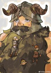 Rule 34 | 1girl, 3boys, armor, bare shoulders, beard, black hair, blonde hair, boots, brown gloves, chilchuck tims, climbing, clinging, covered mouth, dungeon meshi, dwarf, elf, facial hair, fake horns, gloves, green scarf, halfling, haxinssy, helmet, highres, horned helmet, horns, laios touden, leather armor, long beard, long hair, looking ahead, looking at another, looking down, looking up, marcille donato, mini person, miniboy, minigirl, multiple boys, pants, pauldrons, peeking out, plate armor, pointy ears, scarf, senshi (dungeon meshi), shirt, short hair, shoulder armor, size difference, sleeveless, solo focus, upper body, white background, white shirt