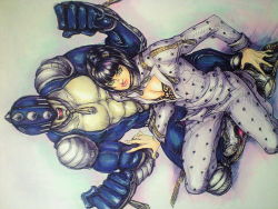 Rule 34 | 1boy, 1girl, androgynous, armor, benicio, black hair, bob cut, bodysuit, breasts, bruno bucciarati, cleavage, cleavage cutout, clothing cutout, formal, full body, green eyes, helmet, jojo no kimyou na bouken, lips, male focus, multiple boys, open mouth, pauldrons, short hair, shoulder armor, squatting, stand (jojo), sticky fingers (stand), suit, tattoo, vento aureo, white suit, zipper