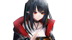 Rule 34 | 1girl, arknights, bad id, bad pixiv id, binggong asylum, black choker, black hair, choker, closure (arknights), commentary request, halterneck, highres, jacket, long hair, long sleeves, open clothes, open jacket, orange eyes, pointy ears, shirt, simple background, solo, upper body, white background, white shirt