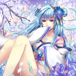 Rule 34 | 1girl, bad id, bad pixiv id, bare shoulders, beads, blue eyes, blue hair, blunt bangs, breasts, chest tattoo, cleavage, colored eyelashes, covering own mouth, double bun, eyeliner, eyeshadow, feather hair ornament, feathers, flipped hair, floral print, frills, hair bun, hair intakes, hair ornament, hand over own mouth, ice, japanese clothes, leg tattoo, legs, long hair, long sleeves, looking at viewer, makeup, mamo (fortune-mm), medium breasts, midriff, off shoulder, original, outline, revision, see-through, sitting, sleeves past wrists, snowflake hair ornament, solo, tattoo, transparent, tree, wide sleeves, yuki onna