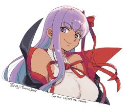 Rule 34 | &gt;:), 1girl, asaya minoru, bb (fate), bb (fate/extra), black jacket, breasts, closed mouth, collared shirt, cropped torso, english text, fate/extra, fate/extra ccc, fate (series), jacket, long hair, looking at viewer, medium breasts, neck ribbon, off shoulder, open clothes, open jacket, purple eyes, purple hair, red ribbon, ribbon, shirt, simple background, smile, solo, tan, twitter username, upper body, v-shaped eyebrows, watermark, white background, white shirt