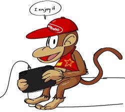 Rule 34 | 1boy, animal ears, baseball cap, black eyes, body fur, bottomless, brown fur, clothes writing, controller, diddy kong, donkey kong (series), english text, from side, full body, furry, furry male, game console, game controller, happy, hat, holding, holding controller, holding game controller, jaggy lines, looking at viewer, male focus, monkey boy, monkey tail, nintendo, open mouth, red hat, red shirt, shirt, simple background, sitting, sketch, sleeveless, sleeveless shirt, smile, solo, speech bubble, star (symbol), tail, talking, vilepluff, white background, wii u, wii u gamepad