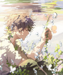 Rule 34 | 1boy, brown hair, bubble, bug, butterfly, butterfly on hand, closed eyes, from side, hishi (k-xaby), insect, male focus, original, plant, short hair, sitting, solo, underwater