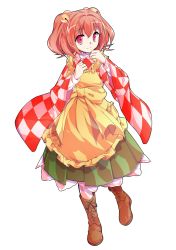 Rule 34 | 1girl, alphes (style), apron, bell, boots, checkered clothes, checkered kimono, cross-laced footwear, dairi, full body, hair bell, hair ornament, japanese clothes, kimono, lace-up boots, motoori kosuzu, parody, red eyes, red hair, smile, solo, style parody, touhou, transparent background, two side up, wide sleeves