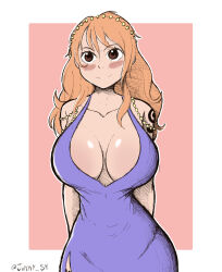 1girl artist_name blush breasts brown_eyes cleavage collarbone curvy dress jewelry junny_sk large_breasts long_hair looking_at_viewer nami_(one_piece) nami_(one_piece)_(zou) official_alternate_costume one_piece orange_hair purple_dress shoulder_tattoo smile solo tattoo twitter_username wide_hips