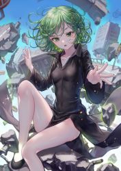 Rule 34 | 1girl, bare legs, black footwear, blush, collarbone, curly hair, day, eyebrows, floating, green eyes, green hair, high heels, highres, long sleeves, looking at viewer, maccha (mochancc), one-punch man, outdoors, parted lips, short hair, solo, tatsumaki, traffic light