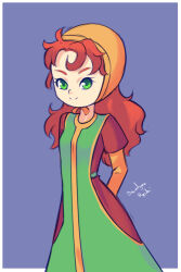 Rule 34 | 1girl, arms behind back, blue background, breasts, dragon quest, dragon quest vii, drantyno, dress, green dress, green eyes, hat, long hair, long sleeves, looking at viewer, maribel (dq7), orange headwear, red hair, small breasts, smile, square enix, standing