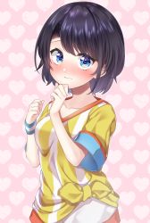 Rule 34 | 1girl, absurdres, black hair, blue eyes, blush, closed mouth, collarbone, heart, heart-shaped pupils, heart background, highres, hololive, long hair, oozora subaru, oozora subaru (1st costume), pink background, shirt, short hair, short sleeves, solo, striped clothes, striped shirt, symbol-shaped pupils, takashina taaa, tied shirt, vertical-striped clothes, vertical-striped shirt, virtual youtuber, yellow shirt