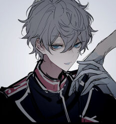 Rule 34 | 1boy, 1other, black jacket, black shirt, blue eyes, disembodied hand, ensemble stars!, grey background, grey hair, holding hands, jacket, kimichinoname, looking at viewer, multicolored clothes, multicolored jacket, red jacket, sena izumi (ensemble stars!), shirt, smirk, teeth
