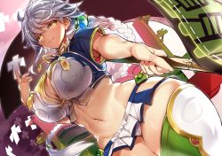Rule 34 | 1girl, armpits, asymmetrical hair, bad id, bad pixiv id, braid, breasts, cleavage cutout, clothing cutout, cloud print, commentary request, crop top, from below, green thighhighs, groin, hair ornament, hip vent, jitome, kantai collection, large breasts, long hair, looking at viewer, microskirt, midriff, navel, pleated skirt, pokoten (pokoten718), revision, shikigami, short sleeves, silver hair, single braid, skirt, smile, solo, staff, thick thighs, thighhighs, thighs, unryuu (kancolle), very long hair, wavy hair, wide hips, yellow eyes