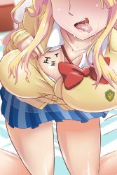 Rule 34 | 10s, 1girl, bed, blonde hair, blue skirt, blush, body writing, bow, bowtie, breasts, cleavage, collared shirt, galko, highres, huge breasts, large breasts, open mouth, oshiete! galko-chan, pov, saliva, school uniform, shirt, skirt, solo, sweat, tally, thighs, tongue, wavy hair