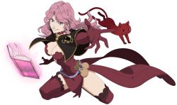Rule 34 | 1girl, animal, black clover, boots, breasts, cat, cleavage, cleavage cutout, clothing cutout, curvy, garter straps, gloves, hat, highres, large breasts, long hair, looking at viewer, official art, pink hair, purple eyes, thick thighs, thigh boots, thighhighs, thighs, vanessa enoteca, wavy hair, white background, witch, witch hat