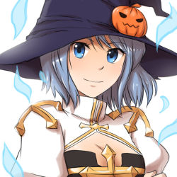 Rule 34 | 1girl, arch bishop (ragnarok online), aura, black dress, blue eyes, blue hair, breasts, cleavage, cleavage cutout, closed mouth, clothing cutout, commentary request, cross, dress, hat, jack-o&#039;-lantern hat ornament, juliet sleeves, long sleeves, looking at viewer, medium breasts, natsuya (kuttuki), puffy sleeves, purple hat, ragnarok online, short hair, simple background, smile, solo, two-tone dress, upper body, white background, white dress, witch hat