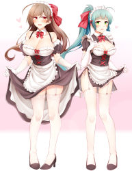Rule 34 | 2girls, :d, ahoge, alternate costume, apron, black dress, black footwear, blush, breasts, brown eyes, brown hair, cleavage, clothes lift, collarbone, detached collar, dress, dress lift, elbow gloves, enmaided, full body, garter straps, gloves, green eyes, green hair, hair ribbon, heart, high heels, highres, irako (kancolle), kantai collection, large breasts, lifting own clothes, long hair, maid, maid apron, maid headdress, mamiya (kancolle), multiple girls, open mouth, ponytail, pumps, red ribbon, ribbon, rui shi (rayze ray), short sleeves, smile, standing, thighhighs, white apron, white gloves, white legwear