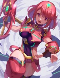 Rule 34 | 1girl, absurdres, aegis sword (xenoblade), black gloves, breasts, chest jewel, earrings, fingerless gloves, gem, gloves, headpiece, highres, jewelry, large breasts, pyra (xenoblade), red eyes, red hair, red shorts, saburou (jako), short hair, short shorts, shorts, solo, swept bangs, sword, thighhighs, tiara, weapon, xenoblade chronicles (series), xenoblade chronicles 2