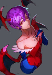 Rule 34 | 1girl, arm behind back, bare shoulders, blue pantyhose, collarbone, covered navel, cropped torso, demon girl, flat chest, grey background, hair between eyes, hand up, head wings, lilith aensland, looking at viewer, nasubin (nasubisamurai15), pantyhose, parted lips, purple hair, red eyes, red wings, shadow, short hair, simple background, smile, solo, vampire (game), wings