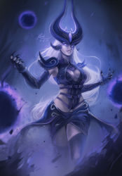 Rule 34 | 1girl, absurdres, breasts, claws, cleavage, dated, fingerless gloves, floating hair, gloves, glowing, glowing eyes, highres, league of legends, long hair, parted lips, purple eyes, purple gloves, purple legwear, raion rennes, signature, solo, syndra, vambraces, white hair