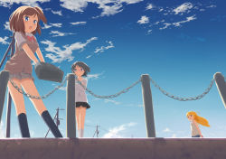 Rule 34 | 3girls, bag, blue eyes, blush, bow, brown hair, chain, cloud, crossed arms, day, fence, glasses, momo no kanzume, multiple girls, open mouth, original, railing, school bag, short hair, skirt, sky, sweater, sweater vest, vest