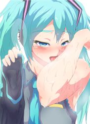 Rule 34 | 1girl, aqua eyes, aqua hair, armpits, female focus, hatsune miku, licking, looking at viewer, rei oe, smelling self, solo, stain, sweat, sweat stain, text focus, translated, twintails, vocaloid