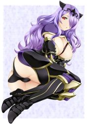 Rule 34 | 1girl, armor, armored boots, ashita yaru, ass, between breasts, black panties, boots, breasts, butt crack, camilla (fire emblem), cleavage, commentary request, fire emblem, fire emblem fates, full body, large breasts, leaning to the side, long hair, nintendo, open mouth, outside border, panties, purple hair, red eyes, sitting, solo, tiara, underwear, wavy hair