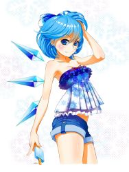 Rule 34 | 1girl, aged up, alternate costume, bad id, bad pixiv id, bare shoulders, blue eyes, blue hair, bow, cirno, earrings, female focus, food, hair bow, hand in own hair, hand on head, holding, ice, ice wings, jewelry, maco (macoillust), matching hair/eyes, md5 mismatch, popsicle, resolution mismatch, short shorts, shorts, smile, solo, source larger, strapless, touhou, wings